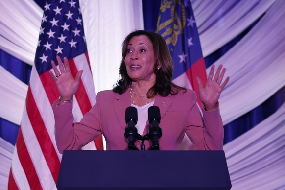 epa10623937 US Vice President Kamala Harris speaks at the Democratic Party of Georgia&#039;s Spring Soiree in Atlanta, Georgia, USA, 12 May 2023. Harris also spoke at a Democratic National Committee f ...