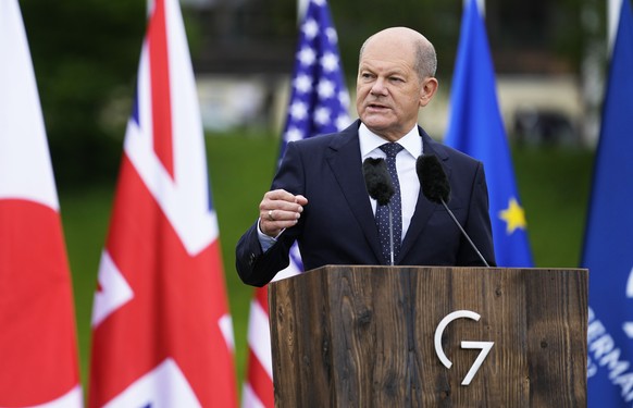 German Chancellor Olaf Scholz speaks during a media conference at the G7 venue, Castle Elmau, in Kruen, Germany, on Tuesday, June 28, 2022. The Group of Seven leading economic powers are concluding their annual gathering on Tuesday. (AP Photo/Martin Meissner)