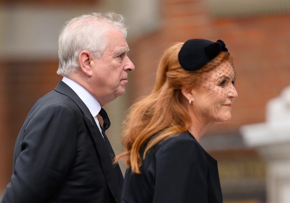 LONDON, ENGLAND - SEPTEMBER 16: Prince Andrew, Duke of York and Sarah Ferguson, Duchess of York arrive for the funeral of Katharine, Duchess of Kent at Westminster Cathedral on September 16, 2025 in L ...