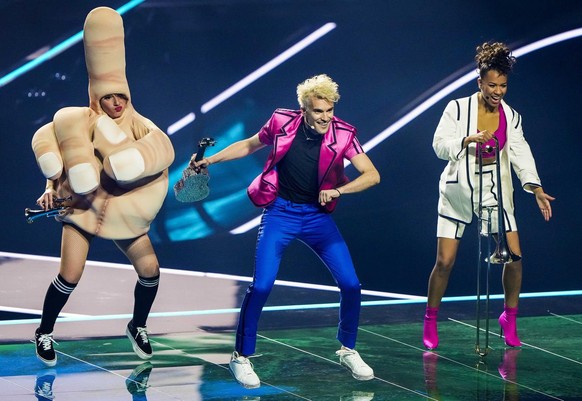 epa09209951 Vasil from North Macedonia performs during the First Semi-Final of the 65th annual Eurovision Song Contest (ESC) at the Rotterdam Ahoy arena, in Rotterdam, The Netherlands, 18 May 2021. Du ...