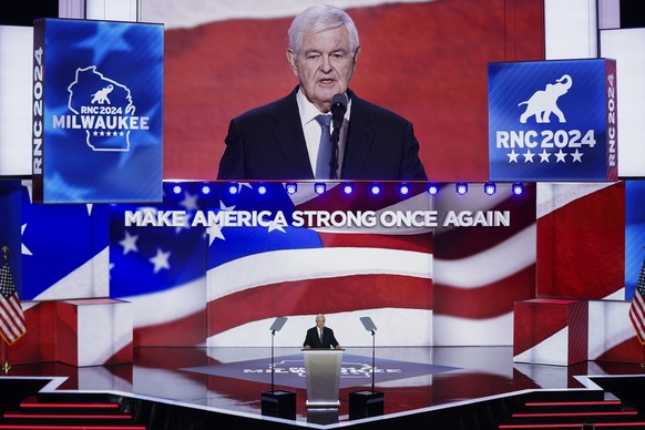 epa11484416 Newt Gingrich, the former House speaker and 2012 presidential candidate, delivers remarks during the third day of the Republican National Convention (RNC) at Fiserv Forum in Milwaukee, Wis ...