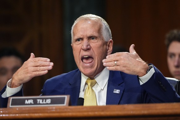 Sen. Thom Tillis, R-N.C., criticizes Homeland Security Secretary Kristi Noem during an oversight hearing before the Senate Judiciary Committee, at the Capitol in Washington, Tuesday, March 3, 2026. (A ...