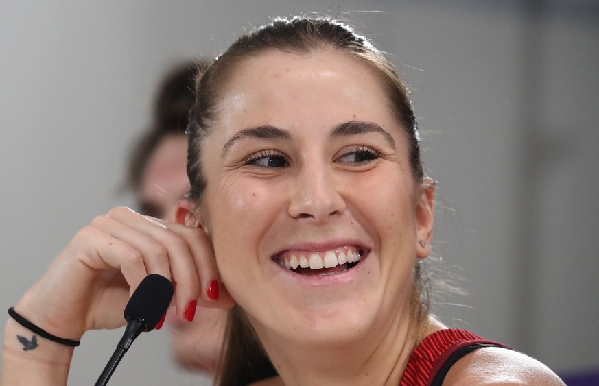 epa10379810 Belinda Bencic of Switzerland speaks to the media during a press conference ahead of the 2023 United Cup tennis tournament, at the Queensland Tennis Centre in Brisbane, Australia, 28 Decem ...