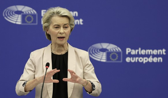 epa11743457 European Commission President Ursula von der Leyen attends a press conference following the election of the Commissioners-designate members at the European Parliament in Strasbourg, France ...