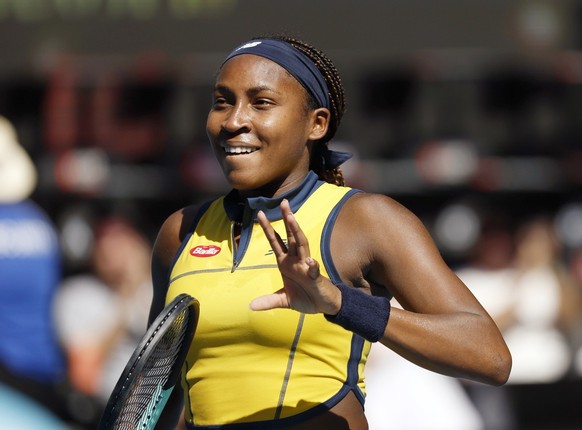 epa11097600 Coco Gauff of the USA celebrates after defeating Marta Kostyuk of Ukraine in the women&#039;s singles quarterfinals at the Australian Open tennis tournament in Melbourne, Australia, 23 Jan ...