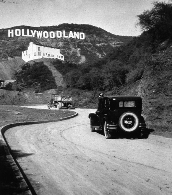 The Hollywoodland sign in Los Angeles marking the centre of America&#039;s film and television industries. It was later changed to read &#039;Hollywood&#039;. (Photo by MPI/Getty Images)