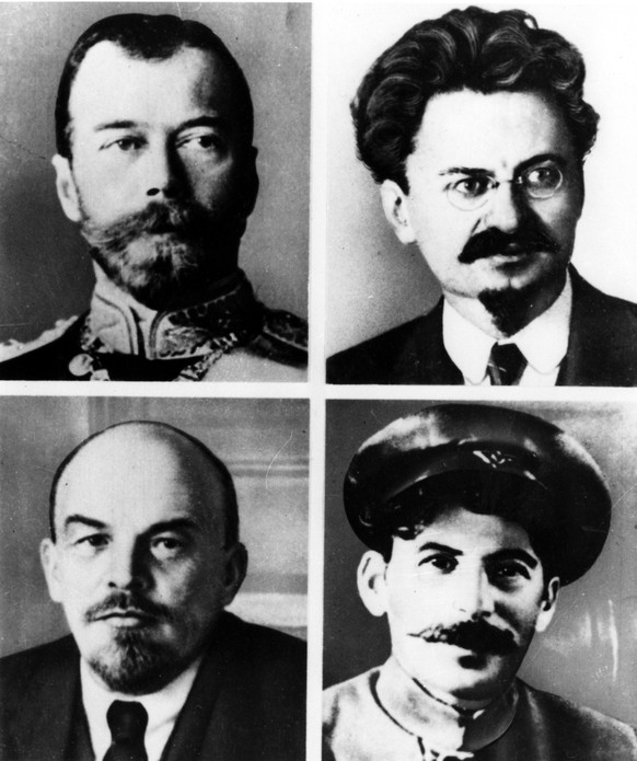 Portraits of the four key figures in the violent revolution from 1917 to 1918. Top left: Tsar Nicholas II, Top right: Trotsky in 1921, bottom left: Lenin in 1918 and Stalin in 1918. (AP Photo)