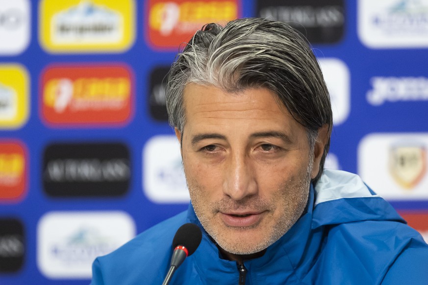 Switzerland&#039;s head coach Murat Yakin speaks during a press conference of the Swiss national soccer team one day before the UEFA Euro 2024 qualifying group I soccer match between Romania and Switz ...