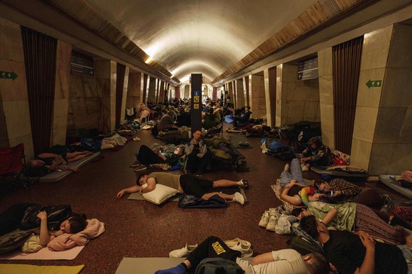 People sleep on the platform of a metro station as they take cover during a Russian attack on Kyiv, Ukraine, on Thursday, July 10, 2025. (AP Photo/Evgeniy Maloletka)
Russia Ukraine War