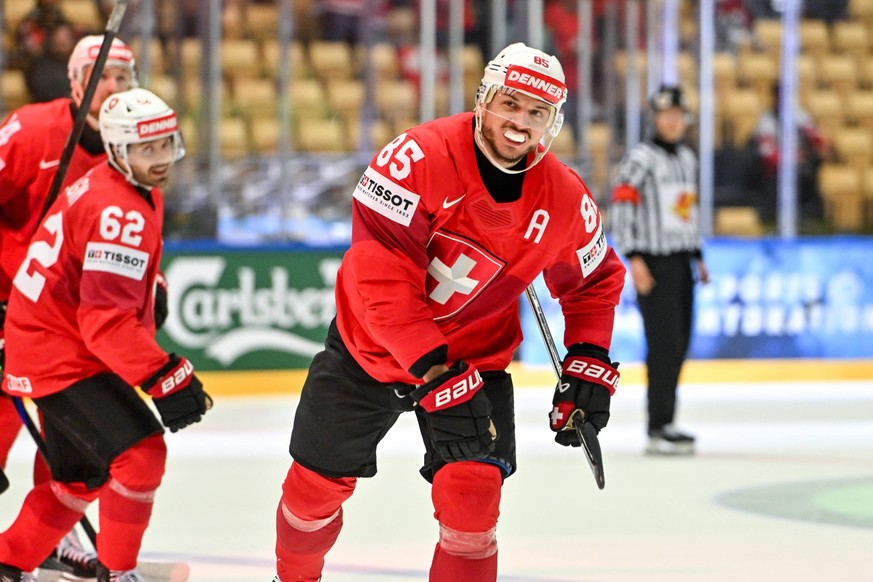 ODENSE, DENMARK - MAY 15: Sven Andrighetto of Switzerland celebrate his goal during the 2025 Ice hockey, Eishockey World Championship, WM, Weltmeisterschaft match between Switzerland and Germany at Jy ...