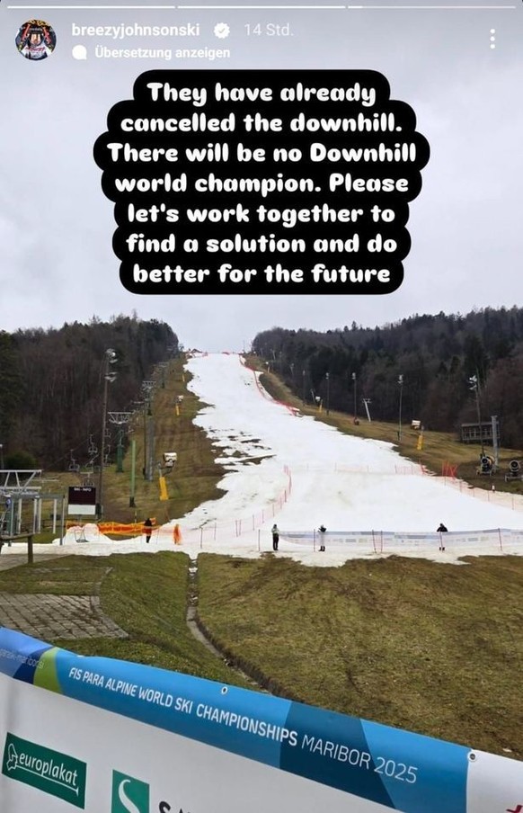 La descendeuse américaine Breezy Johnson, présente à Saalbach pour les Mondiaux «valides», a relayé en story une photo de la raquette d'arrivée de Maribor.
