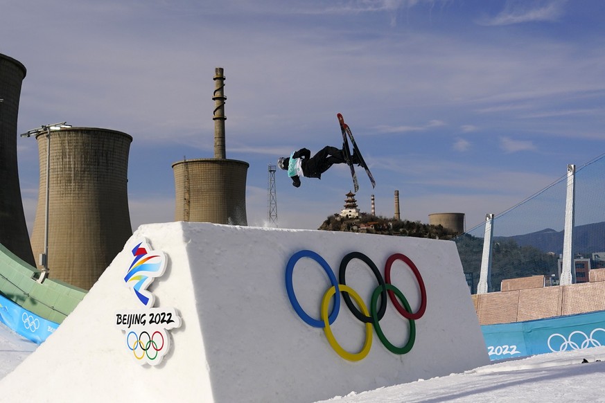 Fabian Boesch of Switzerland competes during the men's freestyle skiing big air qualification round of the 2022 Winter Olympics, Monday, Feb. 7, 2022, in Beijing. (AP Photo/Matt Slocum)