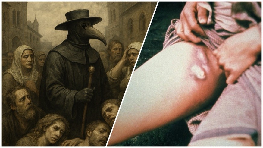 Un médecin de la peste (illustration IA) entouré d'hommes et de femmes, et un malade de la peste présentant des ganglions enflés à l'aine
