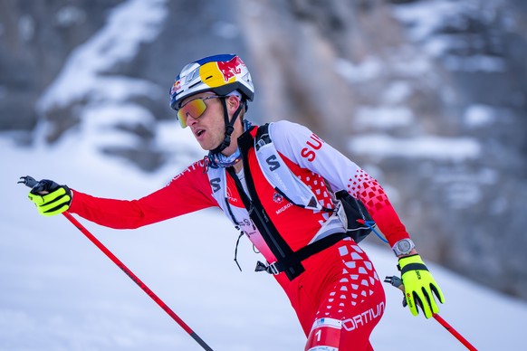 Remi Bonnet of Switzerland, 1st, in action during the Individual race of the ISMF Ski Mountaineering European Championship in Flaine, France, Monday January 8, 2024. (KEYSTONE/ Maxime Schmid)