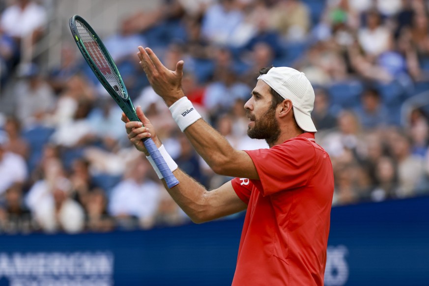 epa13233166 Karen Khachanov of Russia reacts during his match against Alexander Zverev of Germany during the Men's Singles semi-finals at the US Open Tennis Championships at the USTA Billie Jean  ...