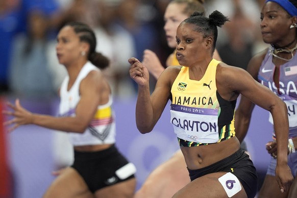 Tia Clayton, of Jamaica, competes in the women&#039;s 100-meter semifinals at the 2024 Summer Olympics, Saturday, Aug. 3, 2024, in Saint-Denis, France. (AP Photo/Matthias Schrader)
Tia Clayton