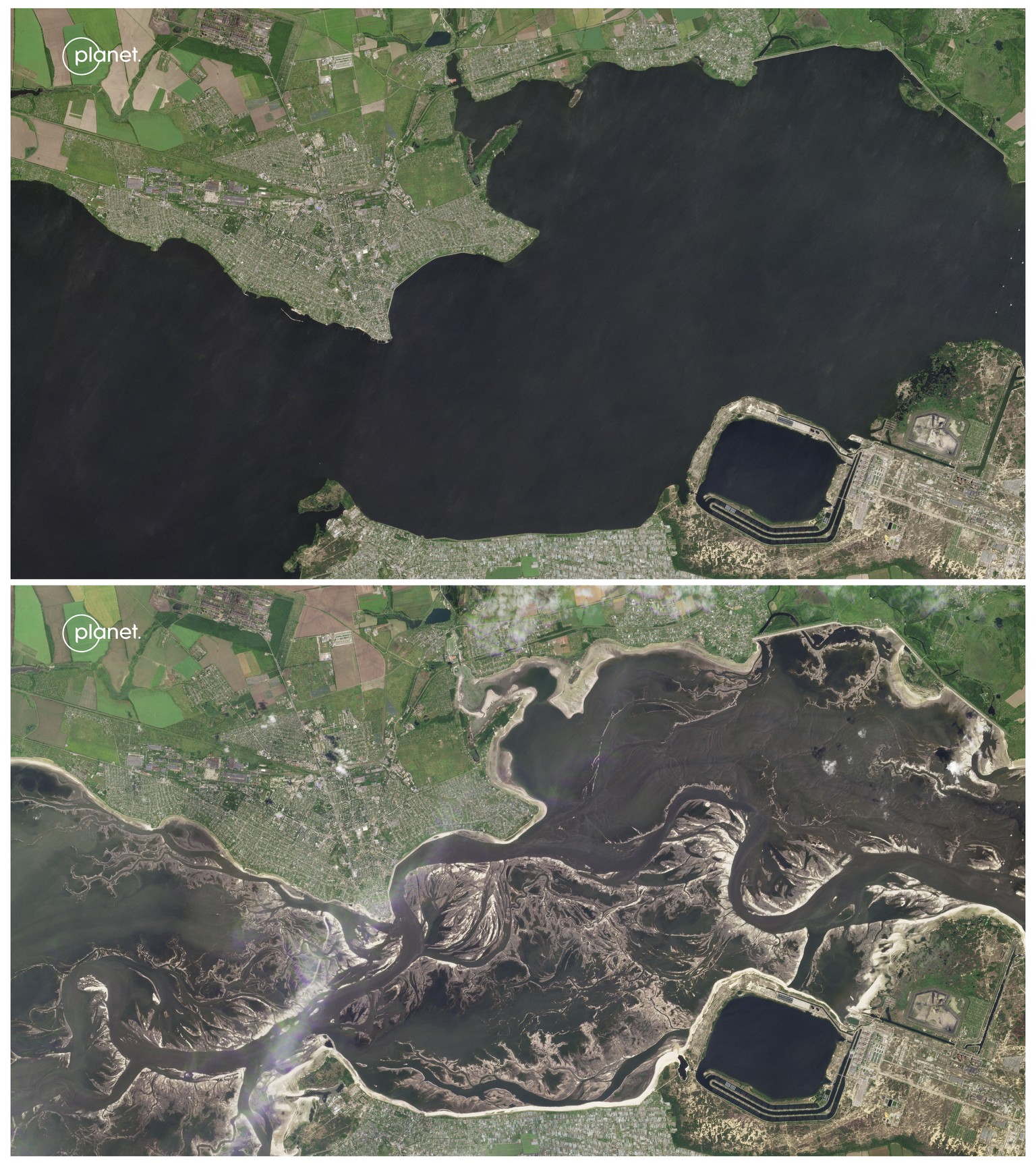 This combination satellite image of June 5, 2023, top, and June 13, 2023, provided by Planet Labs PBC shows the Kakhovka reservoir levels near the Zaporizhzhia Nuclear Power Plant in Southern Ukraine. ...