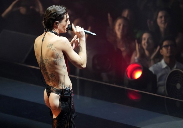 Damiano David, of Maneskin, perform at the MTV Video Music Awards at the Prudential Center on Sunday, Aug. 28, 2022, in Newark, N.J. (Photo by Charles Sykes/Invision/AP)