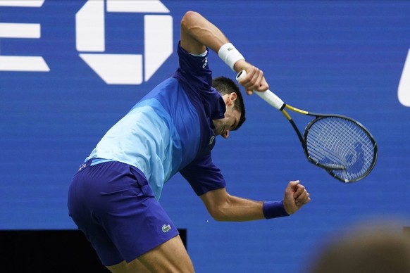 Novak Djokovic, of Serbia, smashes his racket after losing a point to Daniil Medvedev, of Russia, during the men&#039;s singles final of the US Open tennis championships, Sunday, Sept. 12, 2021, in Ne ...