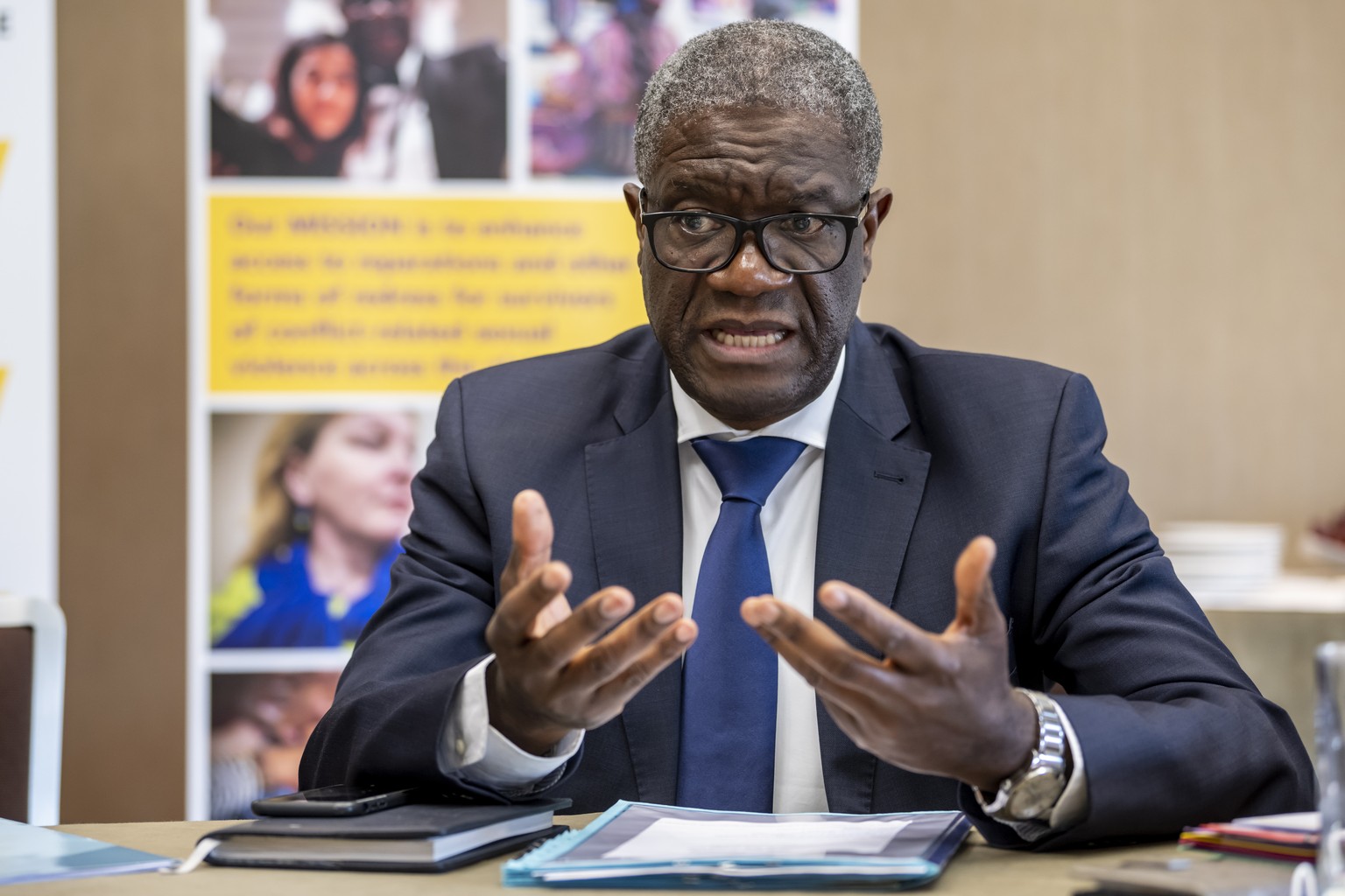 epa09814245 2018 Nobel Peace Prize Laureate Denis Mukwege speaks at the Global Fund for Survivors Inauguration and its presentation of the objectives and missions in Geneva, Switzerland, 10 March 2022 ...