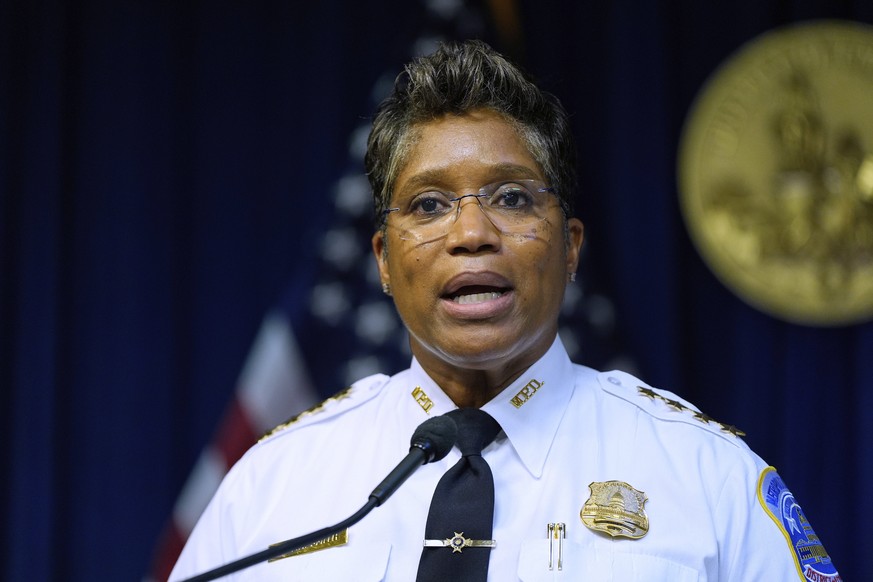 FILE - Metropolitan Police Department Chief Pamela Smith speaks during a news conference with Washington Mayor Muriel Bowser on President Donald Trump&#039;s plan to place Washington police under fede ...