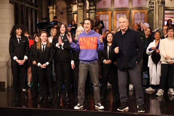 SATURDAY NIGHT LIVE -- &quot;Timothée Chalamet, boygenius&quot; Episode 1848 -- Pictured: (l-r) Julien Baker, Lucy Dacus, &amp; Phoebe Bridgers of musical guest boygenius with host Timothée Chalamet a ...