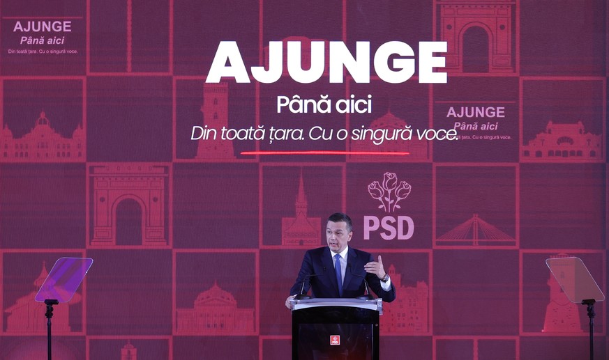 epa12903114 President of the Chamber of Deputies of Romania and the leader of the PSD ruling party Sorin Grindeanu delivers the closing speech at the National Convention of the PSD (Social Democracy P ...