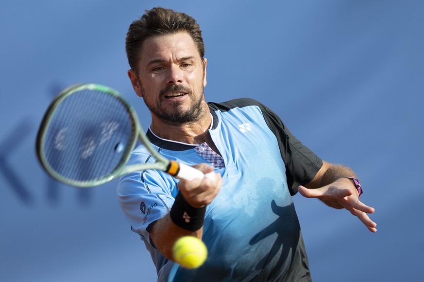 Stan Wawrinka of Switzerland in action against Alexander Shevchenko of Kazakhstan at the Swiss Open tennis tournament in Gstaad, Switzerland, on Tuesday, July 15, 2025. (KEYSTONE/Peter Schneider)