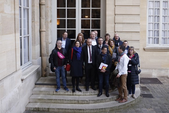 epa10559356 Representatives of French Unions arrive at Hotel Matignon to meet with French Prime Minister Elisabeth Borne (not pictured), in Paris, France, 05 April 2023. France faces an ongoing protes ...