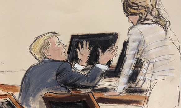In this courtroom sketch, former President Donald Trump, prior to taking the witness stand, gesticulates and makes loud statements to his attorney Alina Habba, right, during his civil trial Thursday,  ...