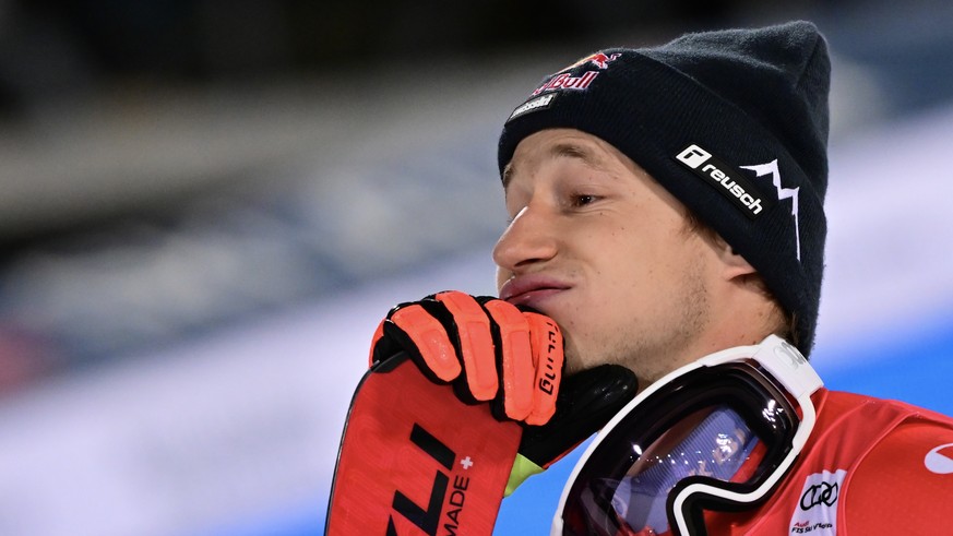 epa11099571 Marco Odermatt of Switzerland reacts in the finish area after the second run of the Men&#039;s Giant Slalom Night race of the FIS Alpine Skiing World Cup in Schladming, Austria, 23 January ...