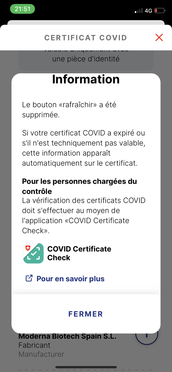 Suite à la dernière mise à jour de l'application, les contrôleurs de certificats doivent utiliser l'application COVID Certificate Check pour savoir si un certificat présenté est valable.