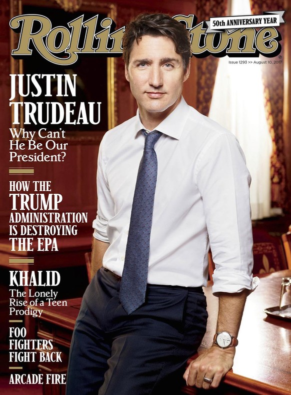 This image released by Rolling Stone shows Canadian Prime Minister Justin Trudeau on the cover of the August 10 issue. In the profile, writer Stephen Rodrick outlines stark contrasts between Trudeau