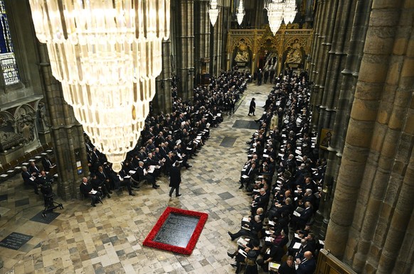 A general view inside Westminster Abbey ahead of The State Funeral Of Queen Elizabeth II, in London Monday Sept. 19, 2022. The Queen, who died aged 96 on Sept. 8, will be buried at Windsor alongside h ...