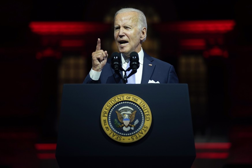 President Joe Biden speaks outside Independence Hall, Thursday, Sept. 1, 2022, in Philadelphia. (AP Photo/Evan Vucci)
Joe Biden