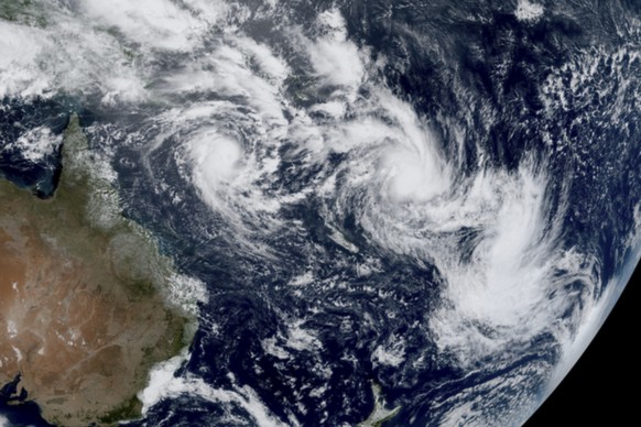 FILE - In this satellite image provided by CSU/CIRA &amp; NOAA taken 1:10 GMT on Feb. 25, 2025, shows three cyclones, from left, Alfred, Seru and Rae east of Australia in the South Pacific. (CSU/CIRA  ...