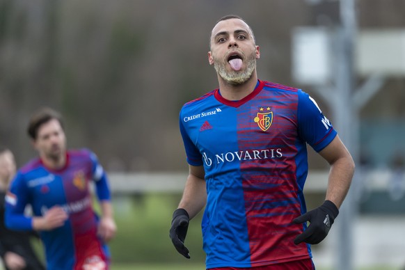 Basels Arthur Cabral jubelt nach seinem Tor bei einem Testspiel zwischen dem FC Basel 1893 (Super League Schweiz) und dem SV Sandhausen (Zweite Bundesliga Deutschland) auf dem Nachwuchs-Campus in Base ...