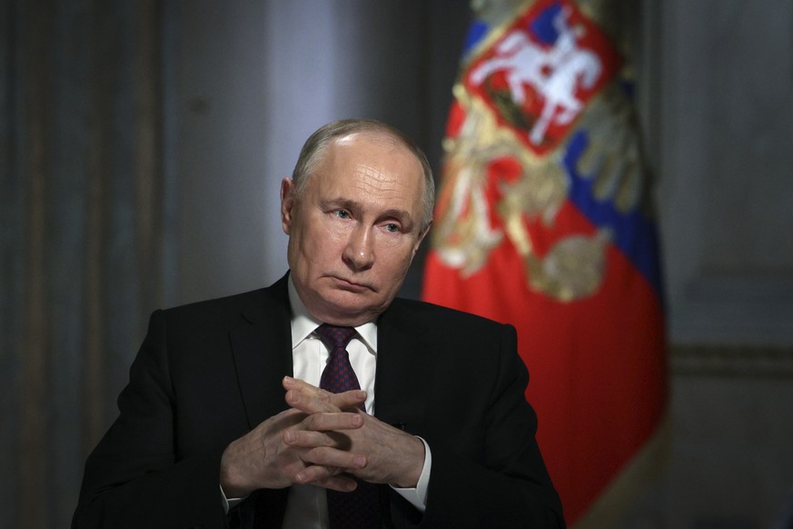 FILE - Russian President Vladimir Putin gestures while speaking during an interview with a Russian state-owned media organization in Moscow, Russia, Tuesday, March 12, 2024. As Vladimir Putin heads fo ...