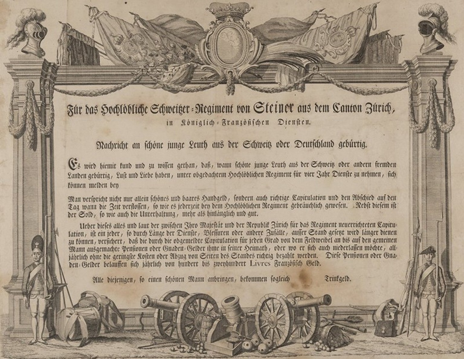 Le recrutement des mercenaires se faisait notamment par des lettres qui vantaient le service étranger. Ici un appel de 1783 pour intégrer la Garde suisse au service de la France.