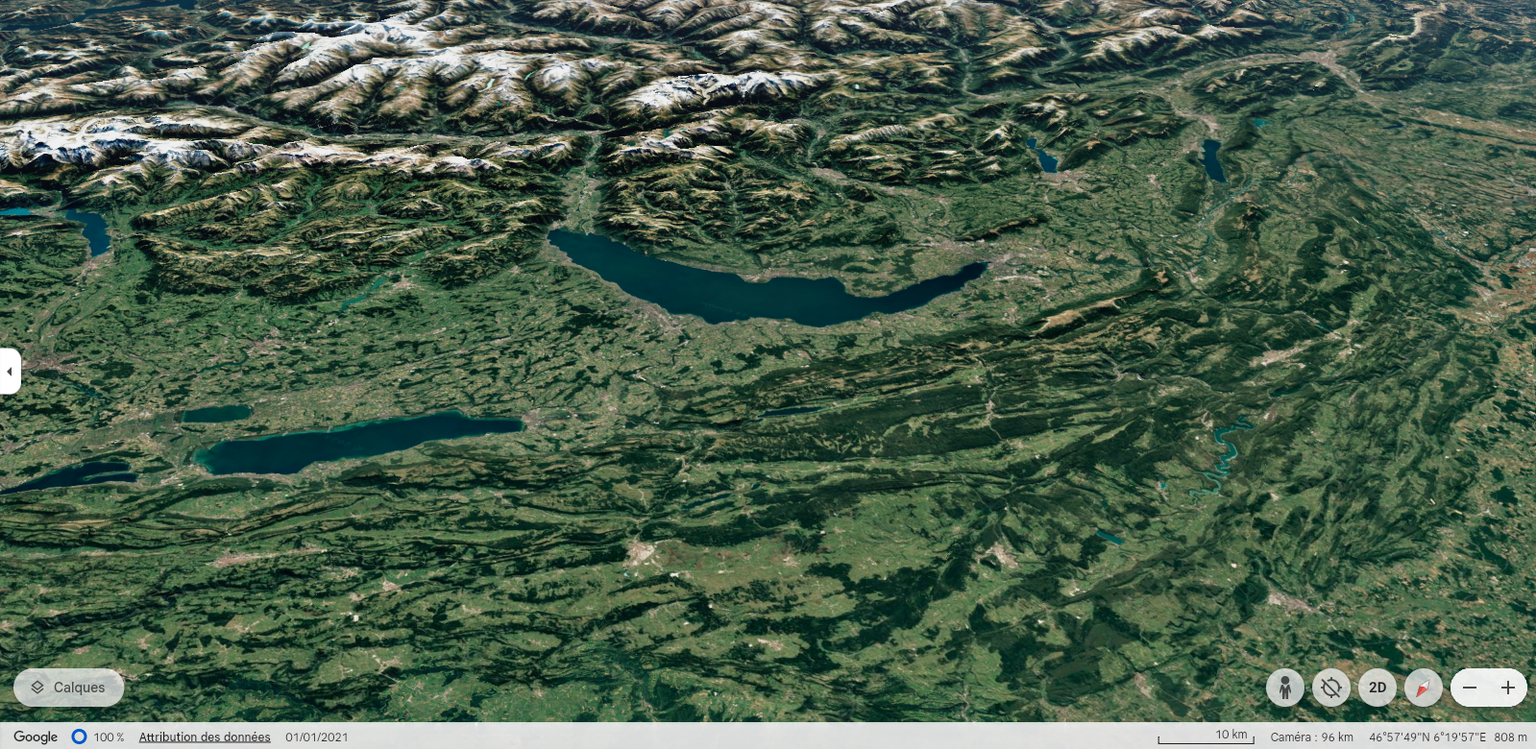 Une partie de la Suisse et des Alpes sur Google Earth.