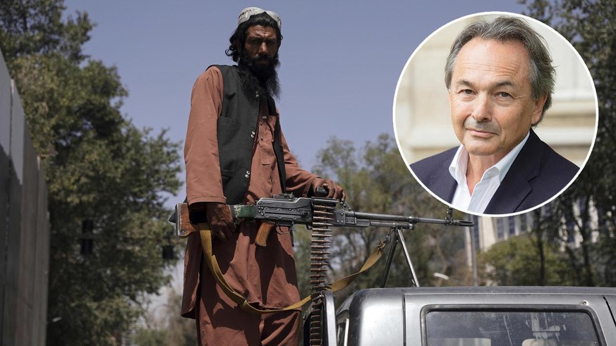 Un taliban dans Kaboul, lundi 16 août 2021. Gilles Kepel en médaillon.