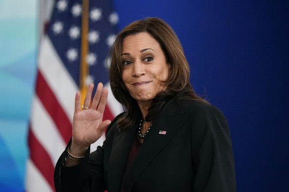 FILE - Vice President Kamala Harris waves as she departs after speaking at the Tribal Nations Summit in the South Court Auditorium on the White House campus, Nov. 16, 2021, in Washington. Harris has b ...