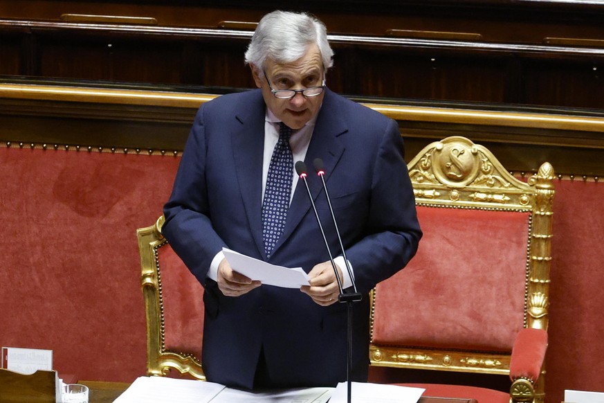 epa13141890 Italian Deputy Prime Minister and Minister of Foreign Affairs Antonio Tajani addresses lawmakers during a Question Time session at the Palazzo Madama, the seat of the Italian Senate, in Ro ...
