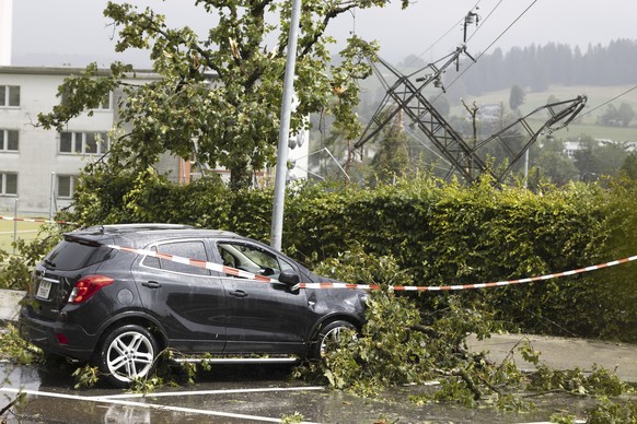 A car was damaged by a broken tree when a tornado storm sweept through the city of La Chaux-de-Fonds, Switzerland, Monday, July 24, 2023. A storm swept across part of the canton of Neuchatel, causing ...