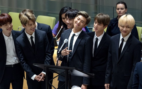 Members of the Korean K-Pop group BTS attend a meeting at the United Nations high level event regarding youth during the 73rd session of the United Nations General Assembly at U.N. headquarters, Monda ...