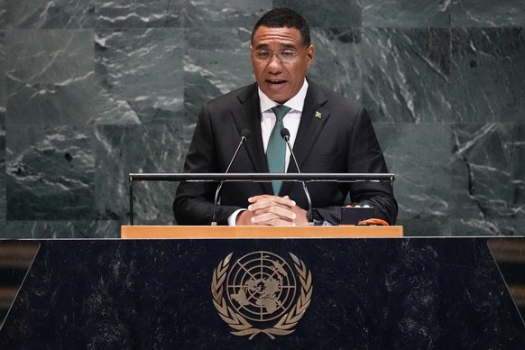 Jamaica Prime Minister Andrew Holness addresses the 80th session of the United Nations General Assembly, Friday, Sept. 26, 2025. (AP Photo/Richard Drew)
UN General Assembly Jamaica