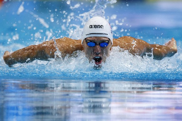 Jeremy Desplanches of Switzerland on his way finishing second in the men&#039;s 200m Individual Medley (IM) Final during the swimming events of the LEN European Aquatics Championships in Budapest, Hun ...