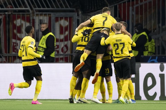 YB&#039;s players celebrate the autogoal (1-0) of Belgrade&#039;s Kosta Nedeljkovic (not pictured) during the Champions League group G soccer match between Switzerland&#039;s BSC Young Boys and Serbia ...