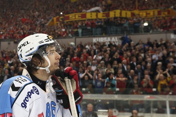 Fribourgs Julien Sprunger looks on after the sixth leg of the Playoff-finals game of the National League A Swiss Championship between the SC Bern and the HC Fribourg-Gotteron at the PostFinance Arena ...
