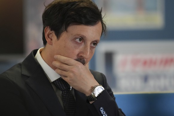 Olympique de Marseille president Pablo Longoria listens to a question before a French League One soccer match between Marseille and Lens at the Stade Velodrome stadium in Marseille, France, Sunday, Ap ...